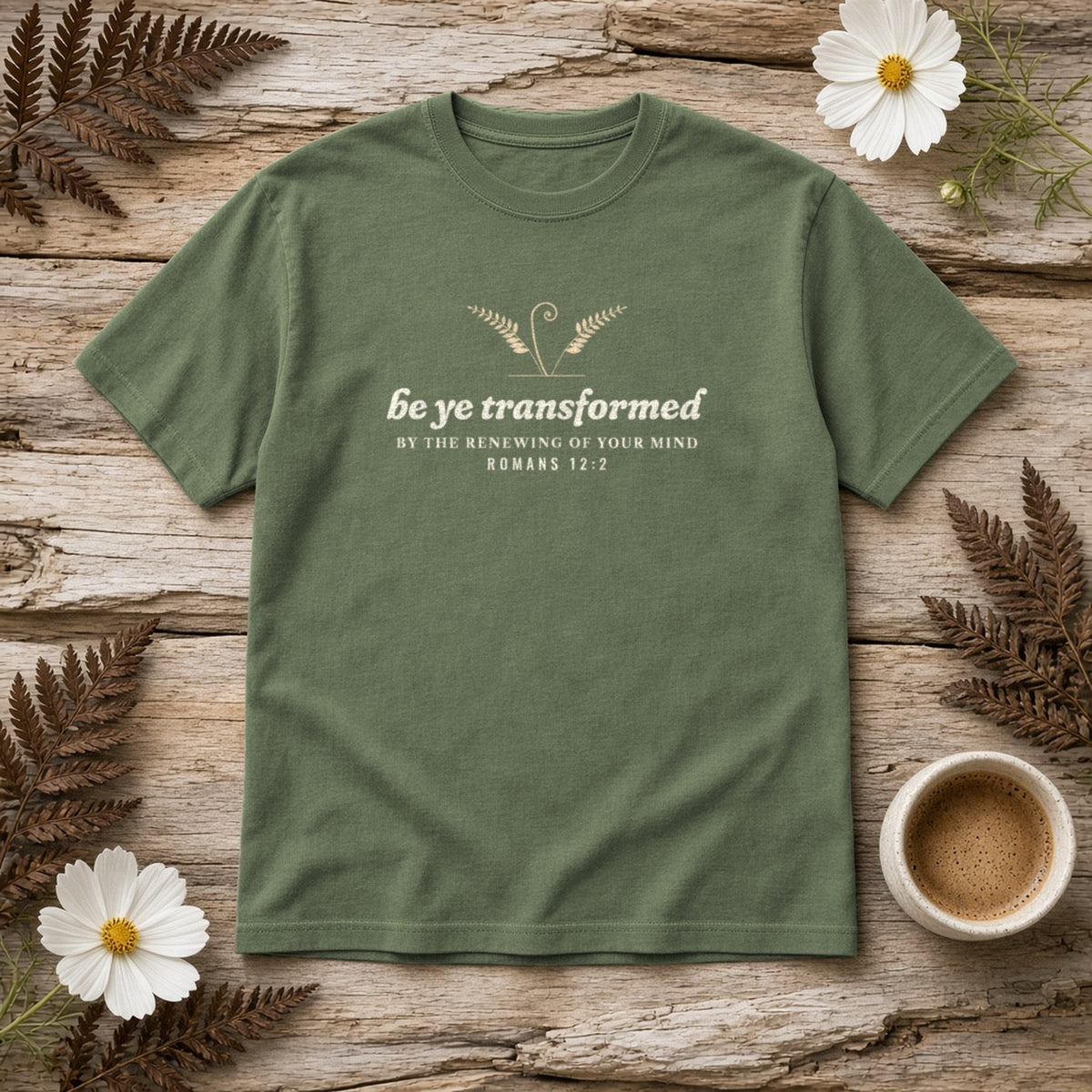 Be Transformed Romans 12:2 tee in Sage, flat lay