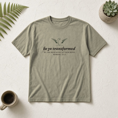 Be Transformed Romans 12:2 tee in Sandstone, flat lay