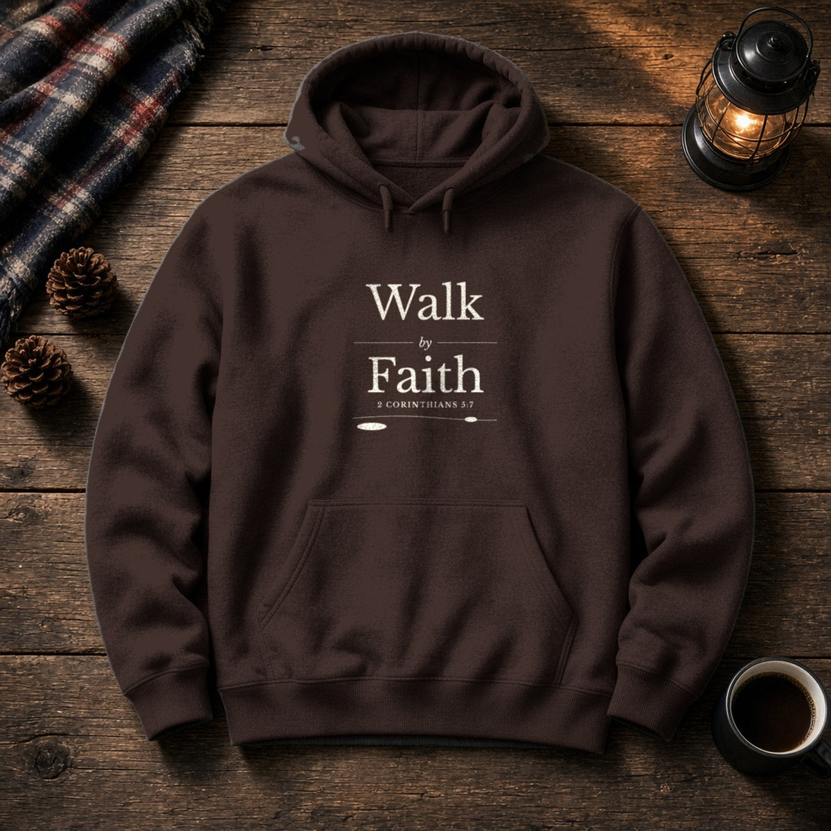 Walk by Faith 2 Corinthians 5:7 dark chocolate hoodie, flat lay