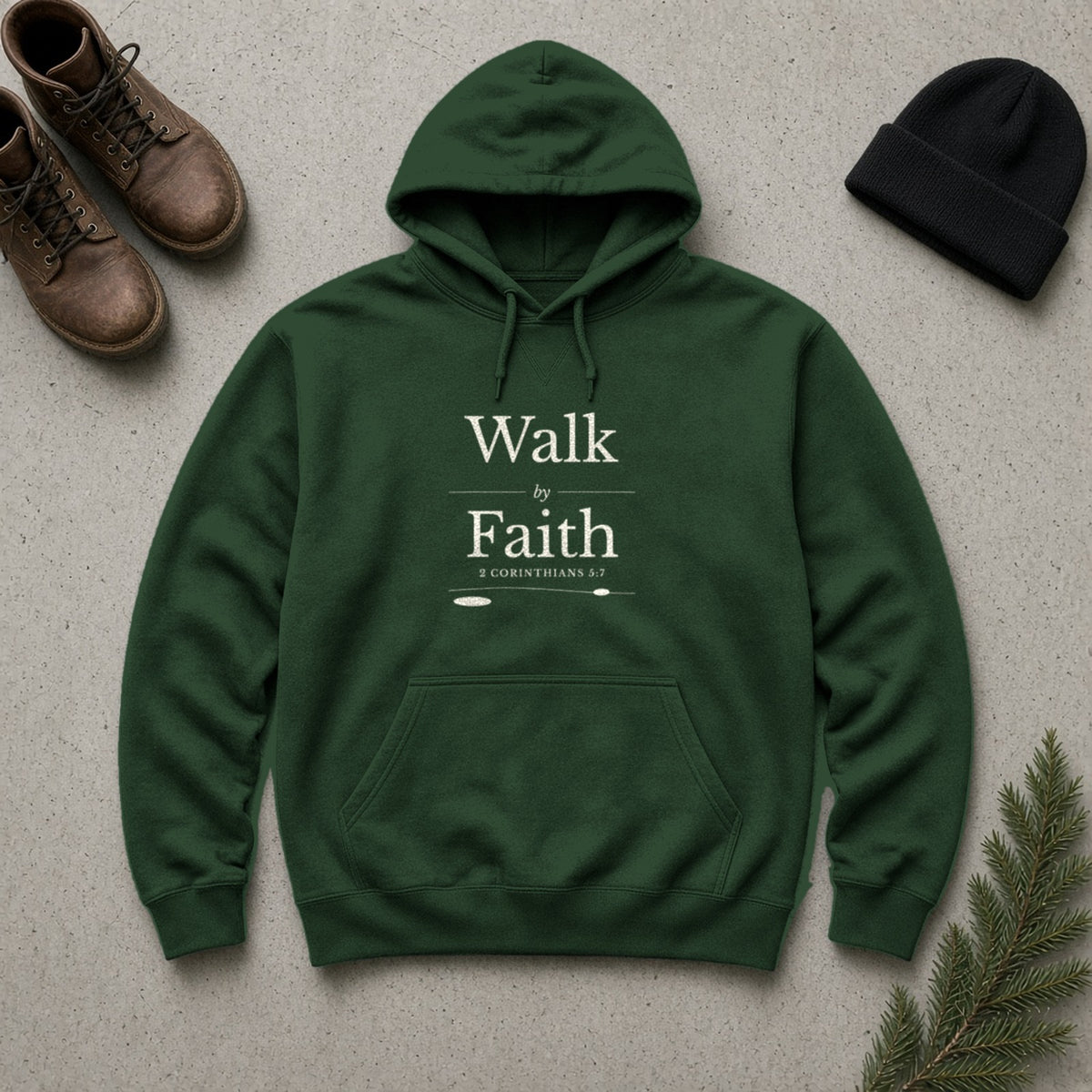 Walk by Faith 2 Corinthians 5:7 forest green hoodie, flat lay