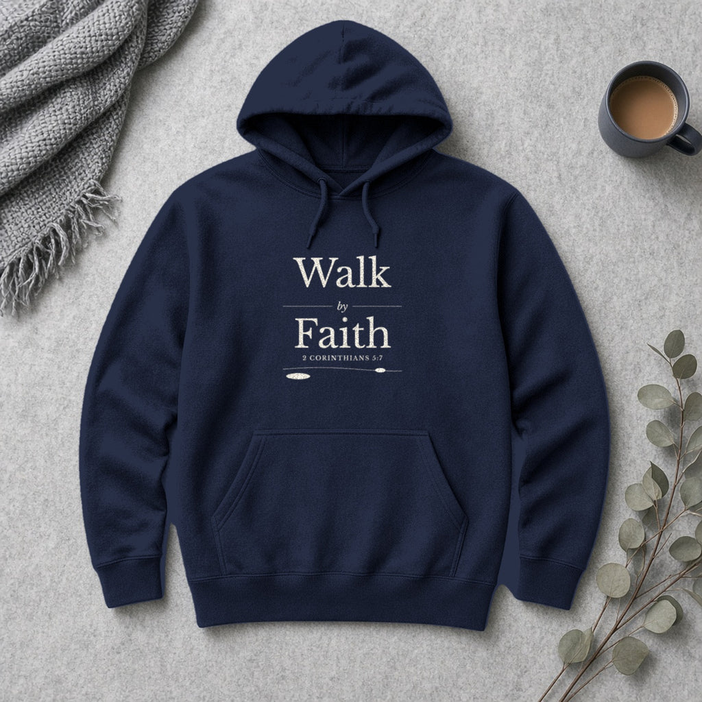 Walk by Faith 2 Corinthians 5:7 navy hoodie, flat lay