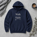 Walk by Faith 2 Corinthians 5:7 navy hoodie, flat lay