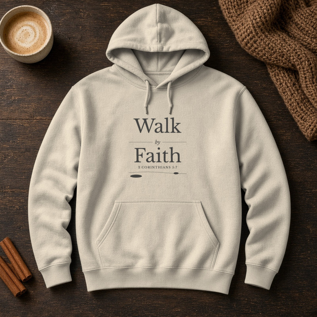 Walk by Faith 2 Corinthians 5:7 sand hoodie, flat lay