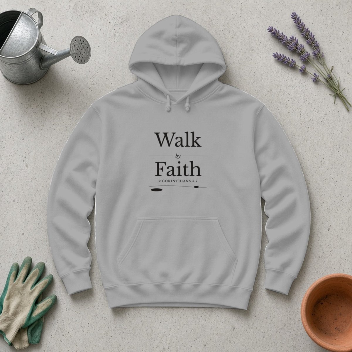 Walk by Faith 2 Corinthians 5:7 sport grey hoodie, flat lay