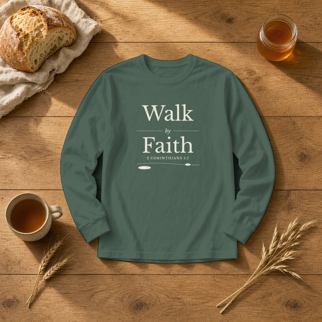 Walk by Faith 2 Corinthians 5:7 blue spruce long sleeve tee, flat lay