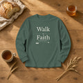 Walk by Faith 2 Corinthians 5:7 blue spruce long sleeve tee, flat lay