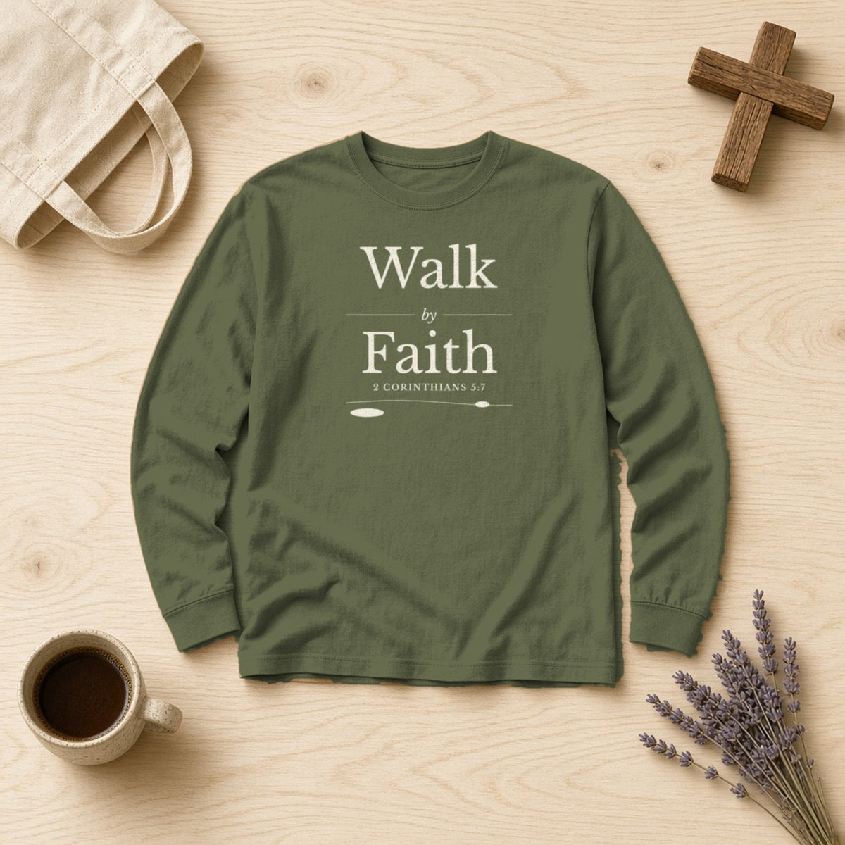 Walk by Faith 2 Corinthians 5:7 hemp long sleeve tee, flat lay