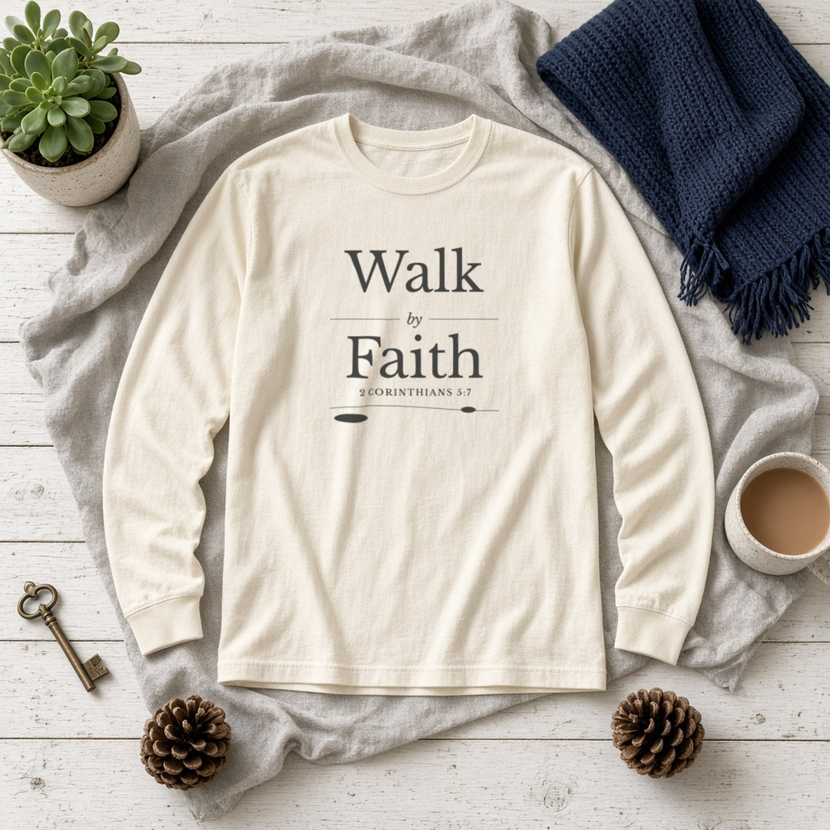 Walk by Faith 2 Corinthians 5:7 ivory long sleeve tee, flat lay