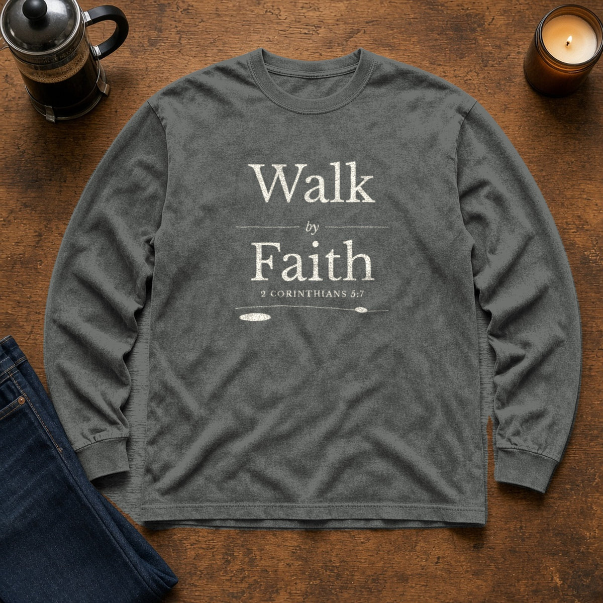 Walk by Faith 2 Corinthians 5:7 pepper long sleeve tee, flat lay