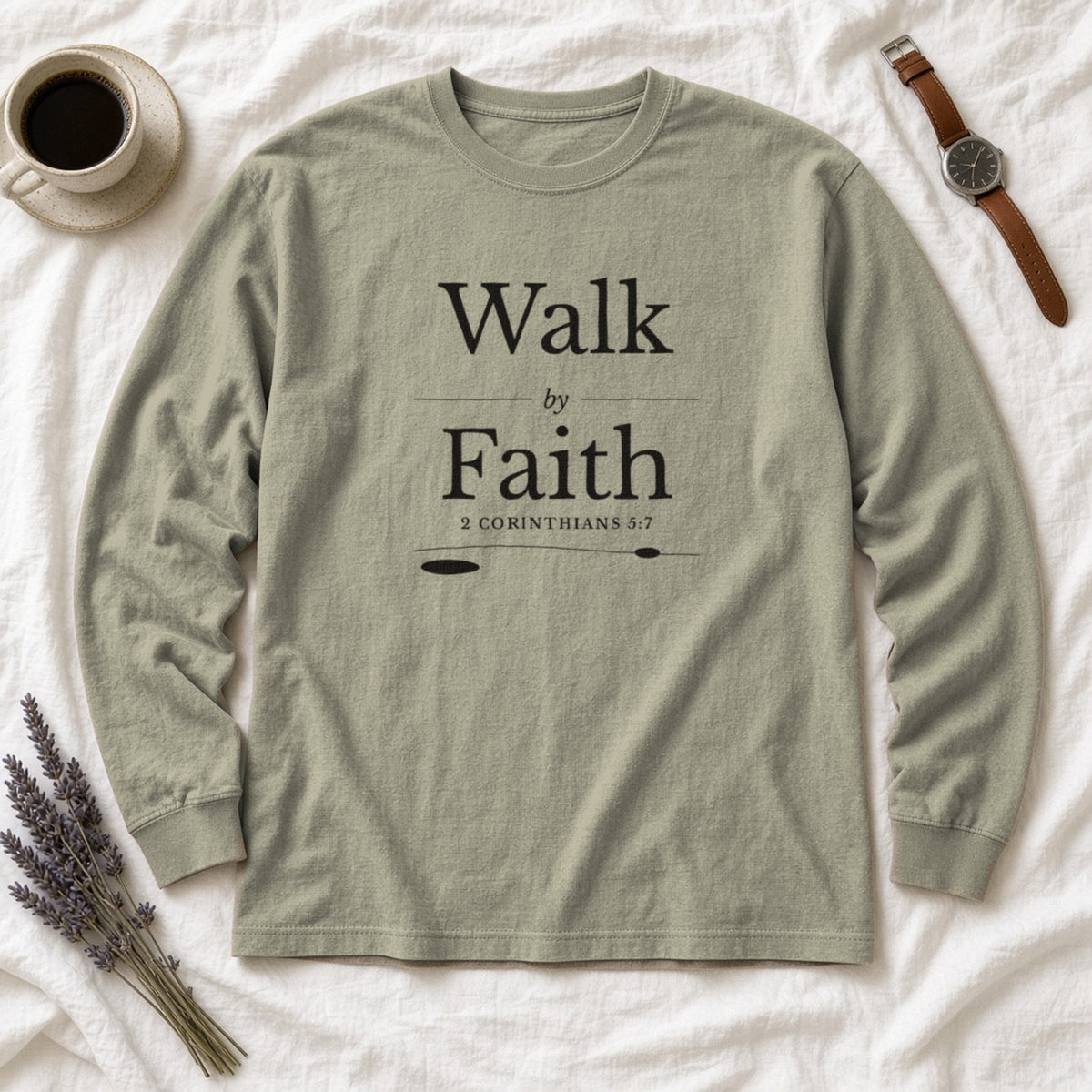 Walk by Faith 2 Corinthians 5:7 sandstone long sleeve tee, flat lay