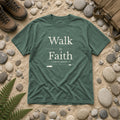 Walk by Faith 2 Corinthians 5:7 blue spruce tee, flat lay