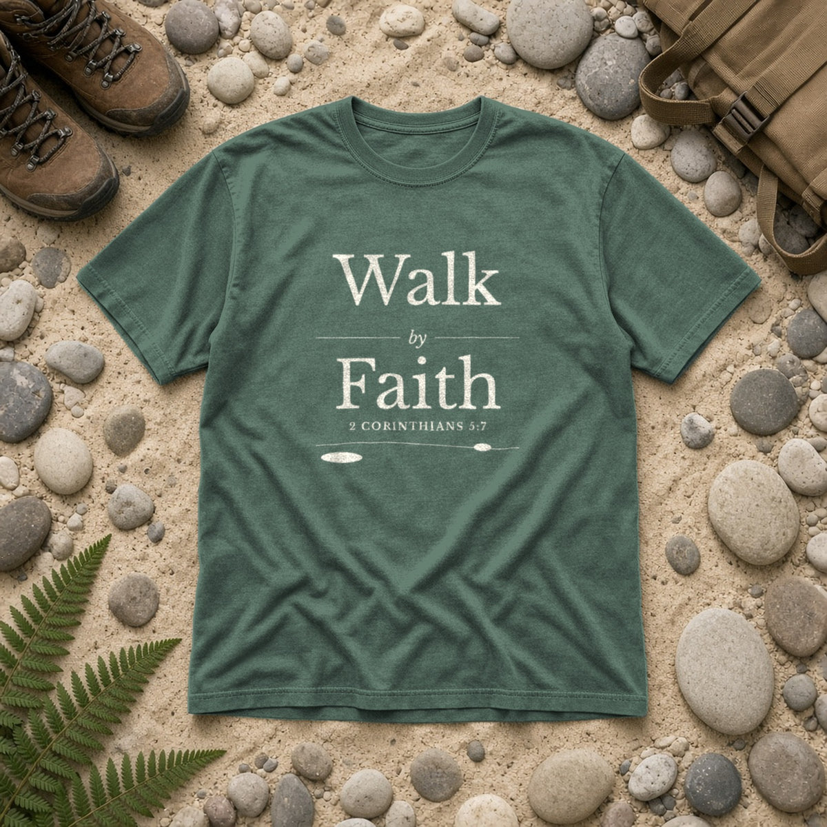 Walk by Faith 2 Corinthians 5:7 blue spruce tee, flat lay