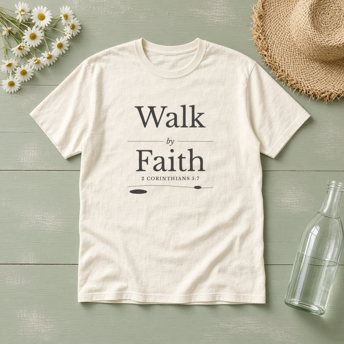 Walk by Faith 2 Corinthians 5:7 ivory tee, flat lay