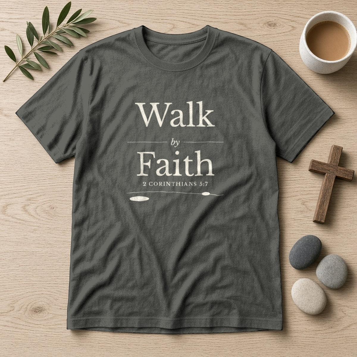 Walk by Faith 2 Corinthians 5:7 pepper tee, flat lay