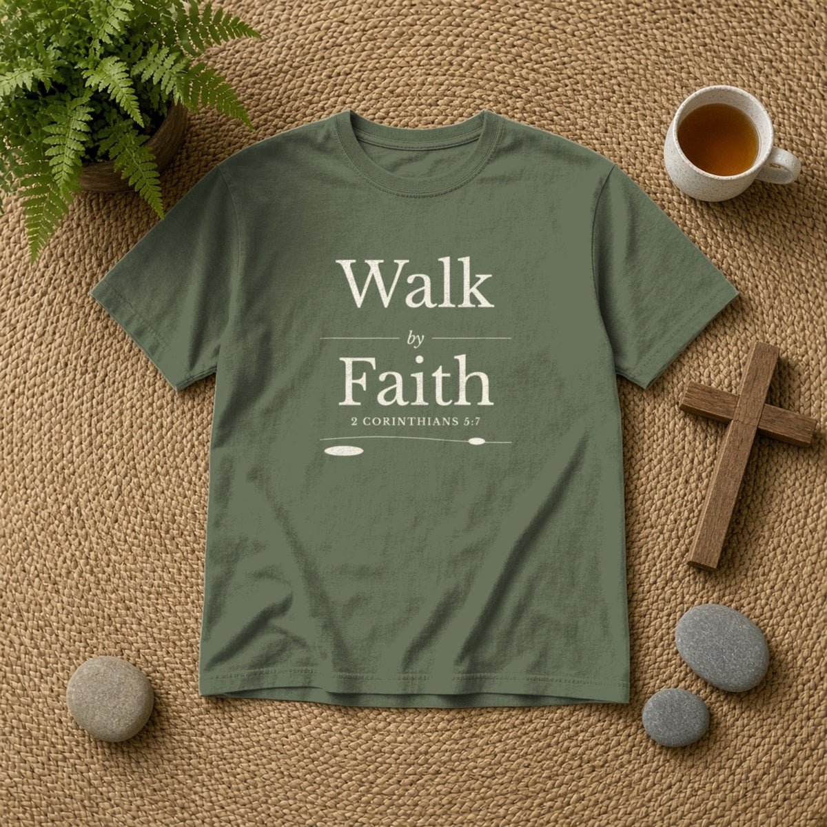 Walk by Faith 2 Corinthians 5:7 sage tee, flat lay
