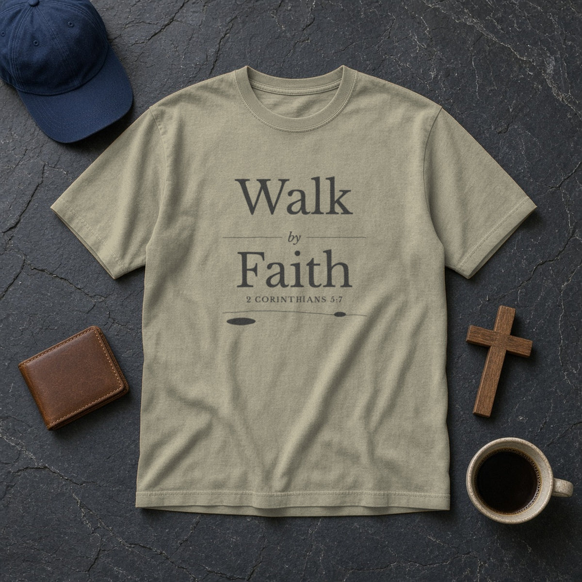 Walk by Faith 2 Corinthians 5:7 sandstone tee, flat lay