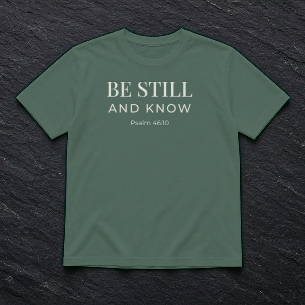 Be Still and Know Psalm 46:10 blue spruce tee, flat lay
