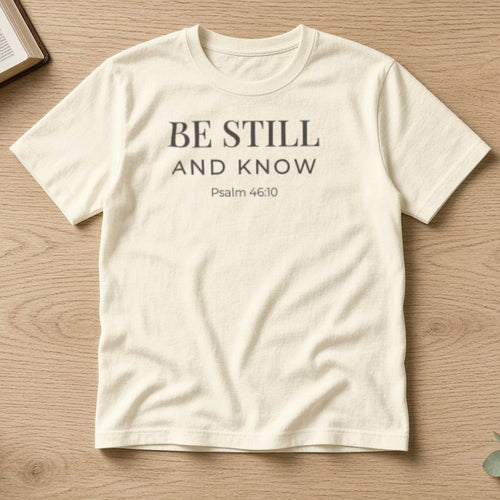 Be Still and Know Psalm 46:10 ivory tee, flat lay
