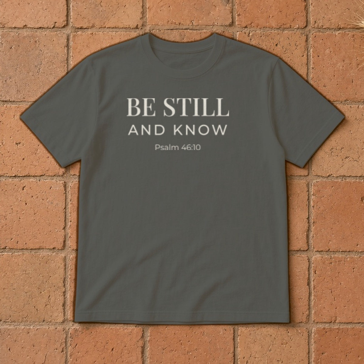Be Still and Know Psalm 46:10 pepper tee, flat lay
