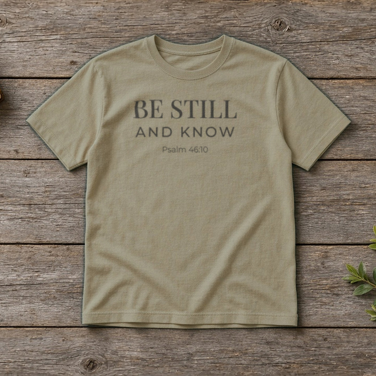 Be Still and Know Psalm 46:10 sandstone tee, flat lay