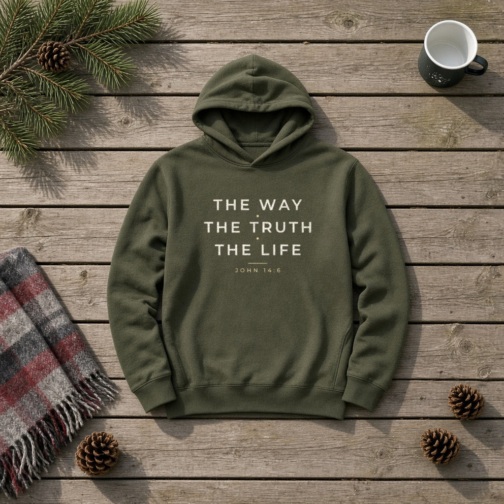 The Way The Truth The Life John 14:6 hoodie in Military Green, flat lay